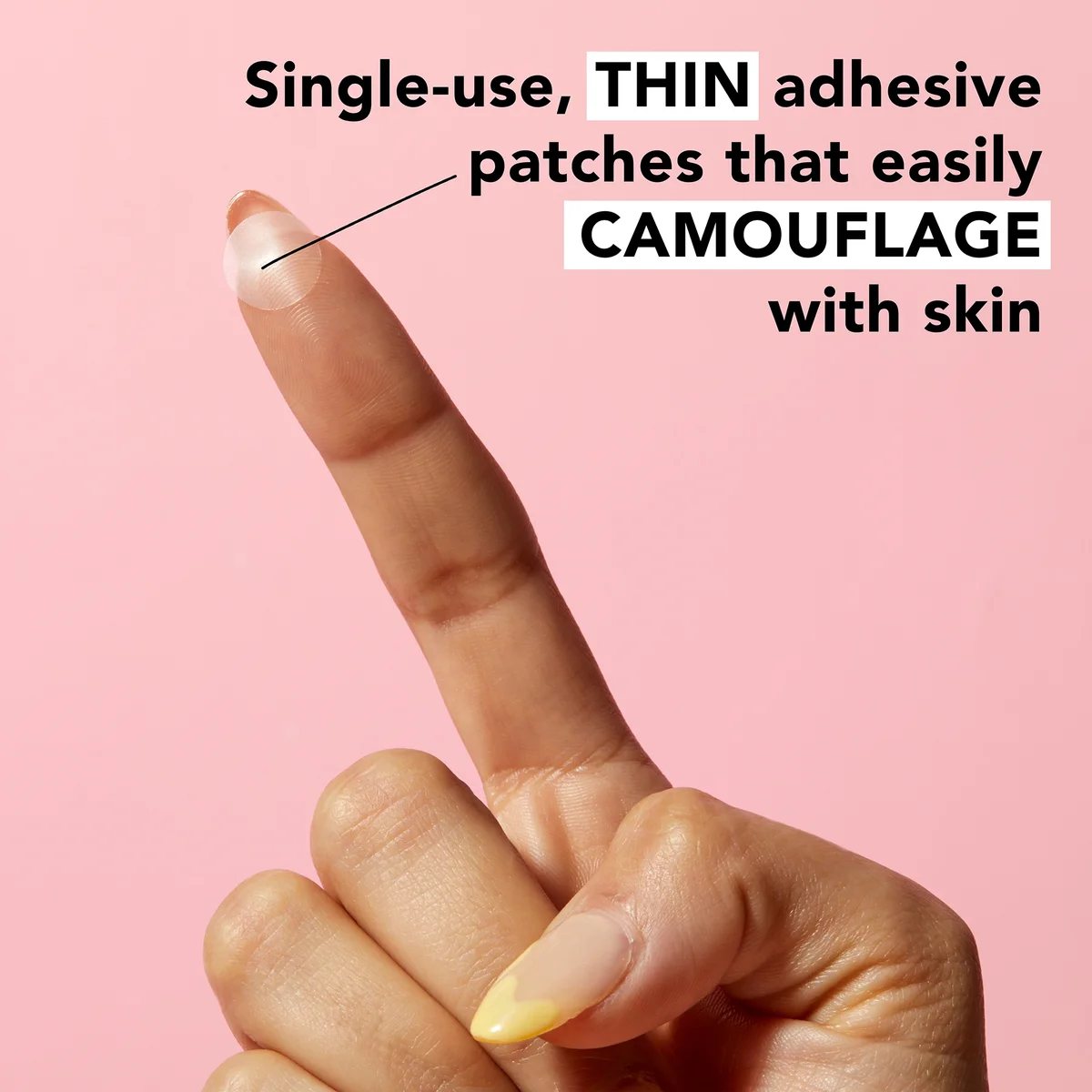 Hand with a finger pointing to a patch on a pink background, with text about single-use adhesive patches.