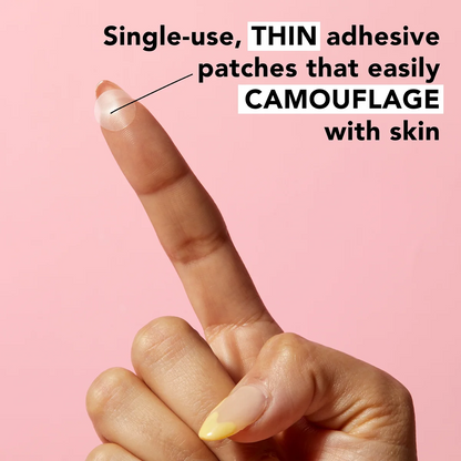 Hand with a finger pointing to a patch on a pink background, with text about single-use adhesive patches.