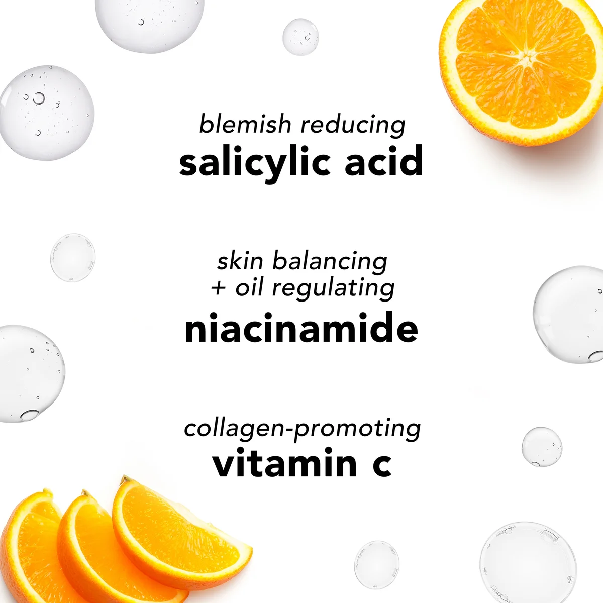 Product label with ingredients like salicylic acid, niacinamide, and vitamin C, surrounded by oranges and bubbles on a white background.
