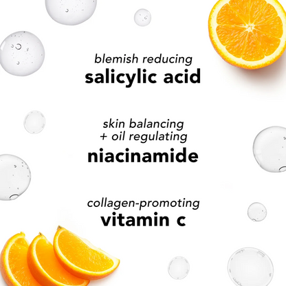 Product label with ingredients like salicylic acid, niacinamide, and vitamin C, surrounded by oranges and bubbles on a white background.