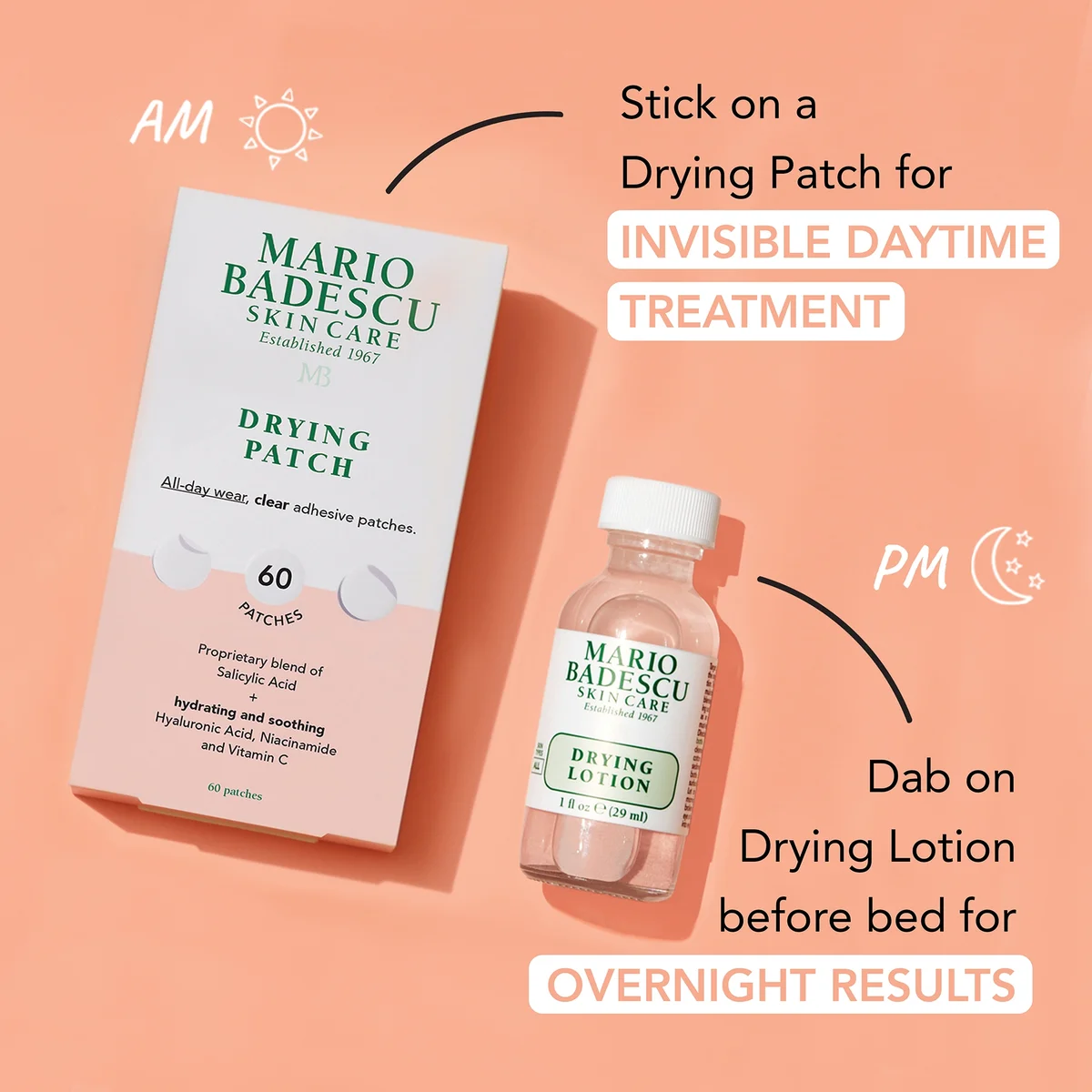 Mario Badescu skincare products including drying patches and lotion on a peach background