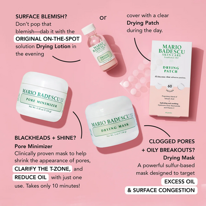 Mario Badescu skincare products on a pink background with text describing their uses.
