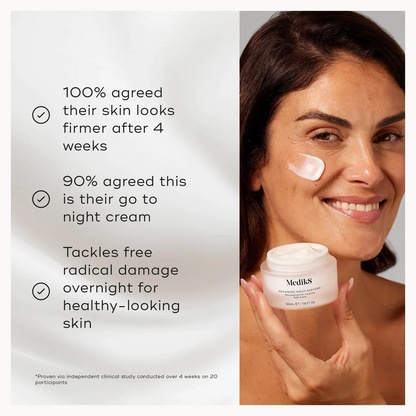 Woman holding a jar of Medik8 cream with text about skin firmness and night cream effectiveness.