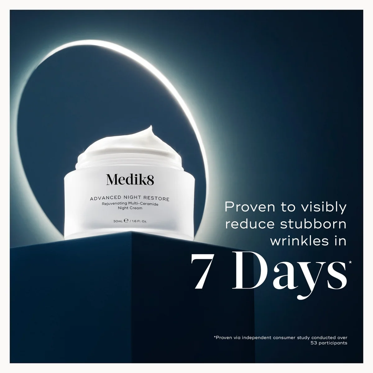 Medik8 Advanced Night Restore cream with a dark blue background and text about reducing wrinkles.