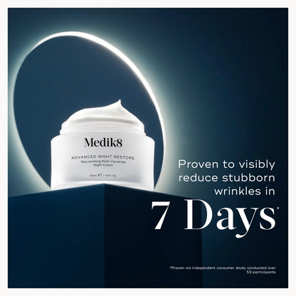 Medik8 Advanced Night Restore cream with a dark blue background and text about reducing wrinkles.