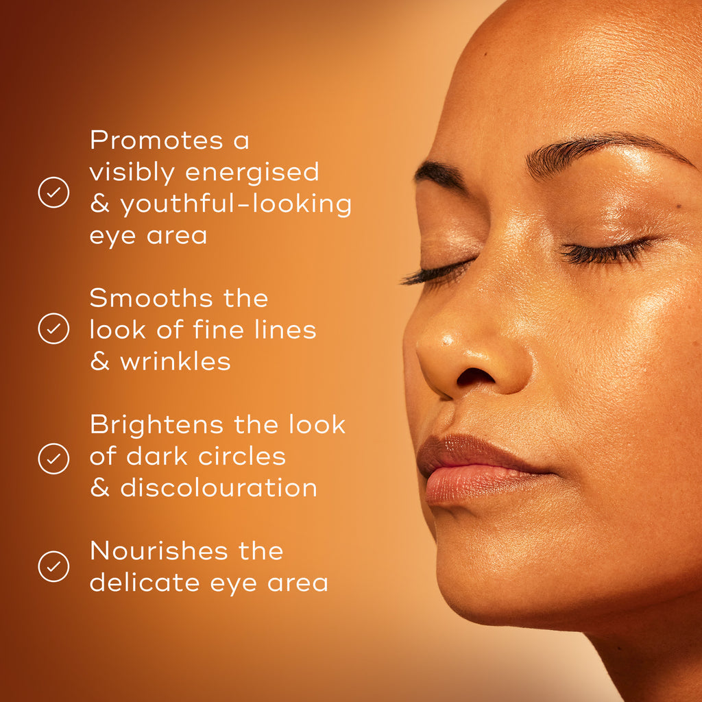 Woman's face with text highlighting skincare benefits on an orange background