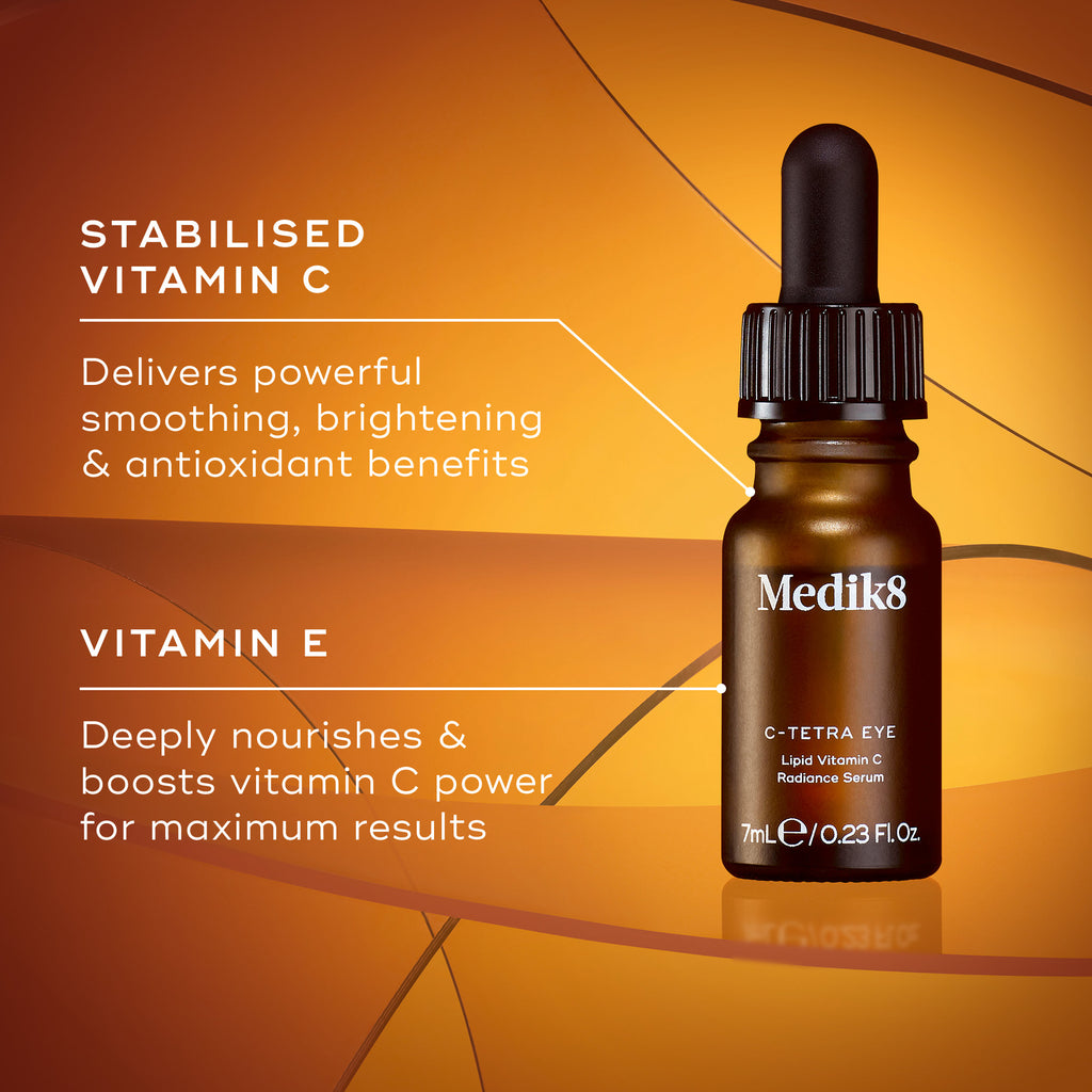 Medik8 vitamin C and E serum bottle with text on an orange background