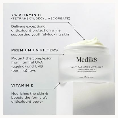 Medik8 Daily Radiance Cream with text detailing its ingredients and benefits on a white background