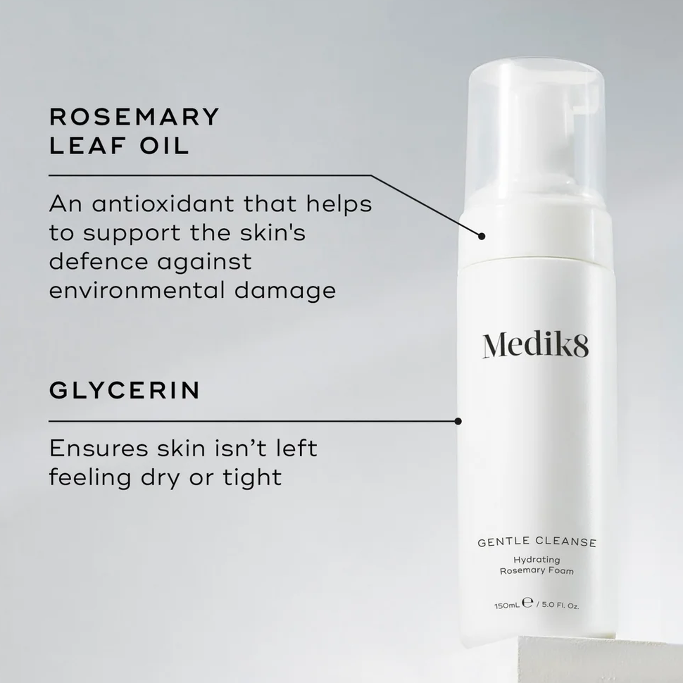 Mediks Gentle Cleanse Hydrating Foaming Cleanser bottle shown on a light gray background with callout text identifying rosemary leaf oil and glycerin benefits.