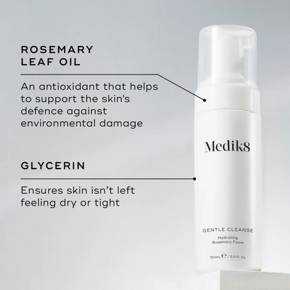 Mediks Gentle Cleanse Hydrating Foaming Cleanser bottle shown on a light gray background with callout text identifying rosemary leaf oil and glycerin benefits.