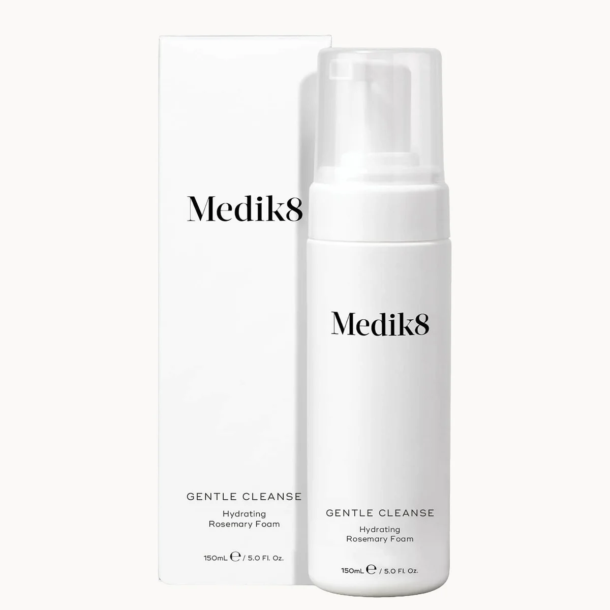 Medik8 Gentle Cleanse Hydrating Rosemary Foam shown in a white pump bottle next to its white packaging box on a light gray background.