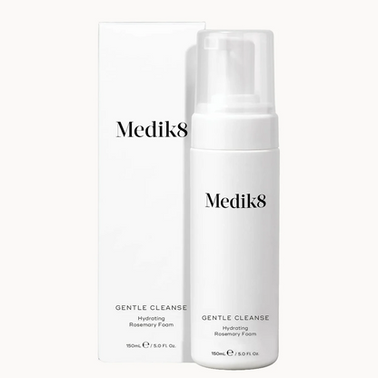 Medik8 Gentle Cleanse Hydrating Rosemary Foam shown in a white pump bottle next to its white packaging box on a light gray background.