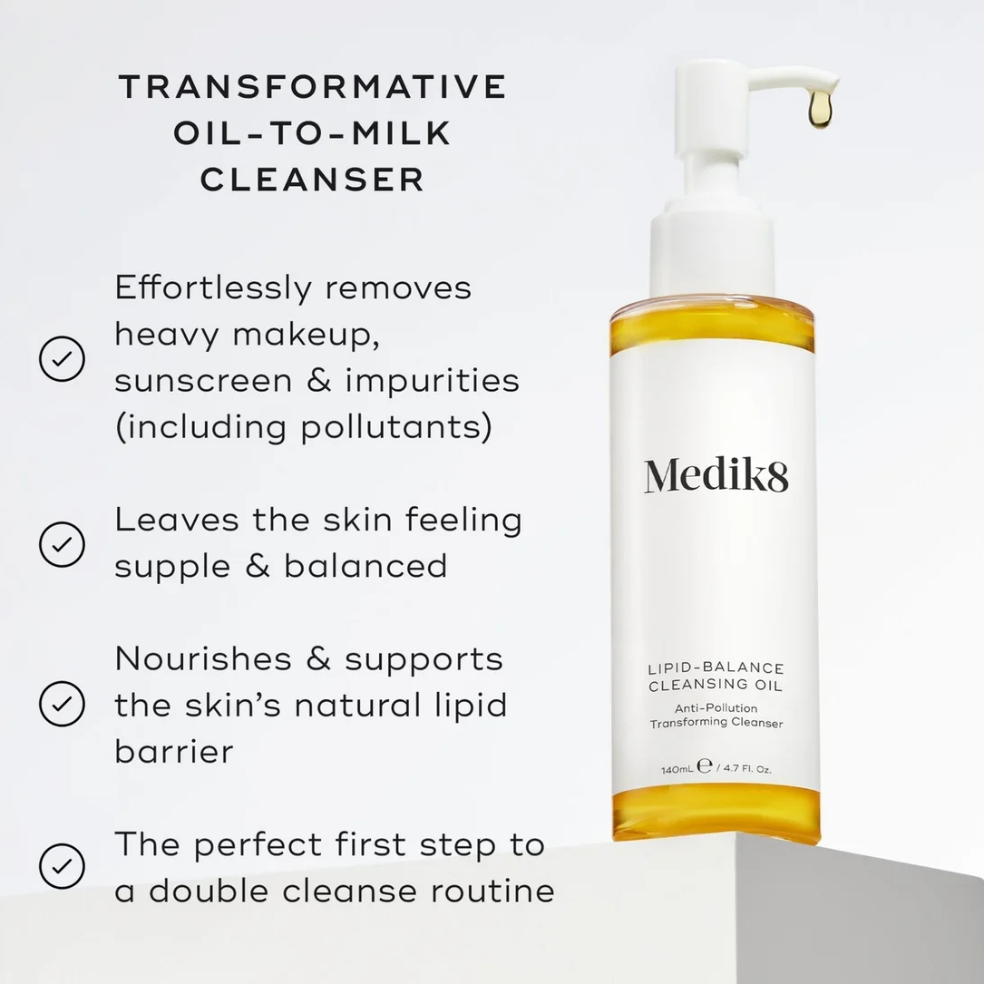 Mediks Transformative Oil-To-Milk Cleanser bottle shown on a light gray background with product benefits listed on the left. The bottle contains golden-yellow liquid and has a white pump and label with black text.