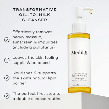 Mediks Transformative Oil-To-Milk Cleanser bottle shown on a light gray background with product benefits listed on the left. The bottle contains golden-yellow liquid and has a white pump and label with black text.