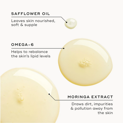 Three translucent droplets of pale yellow skincare serum labeled Safflower Oil, Omega-6, and Moringa Extract, with descriptive text on a light gray background.