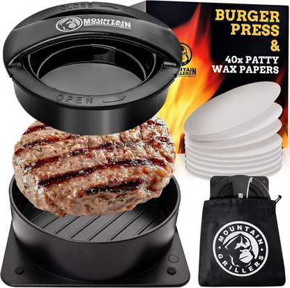 MOUNTAIN GRILLERS Burger Press – Non-Stick Stuffed Burger Maker with Patty Papers, Perfect Patty Shaper + 40 Wax Sheets