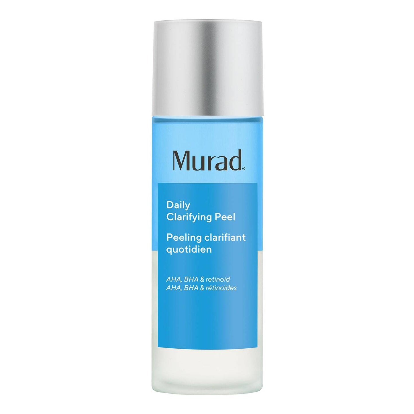 Murad Daily Clarifying Peel bottle with blue label and silver cap on white background