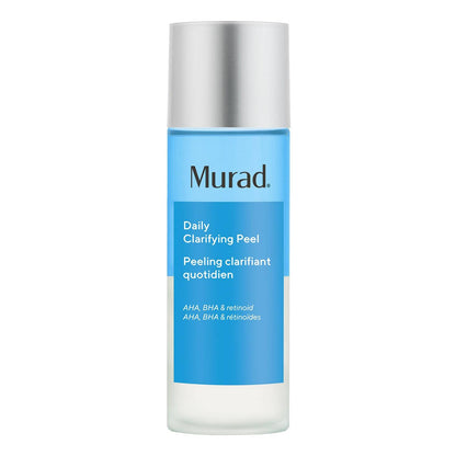 Murad Daily Clarifying Peel bottle with blue label and silver cap on white background