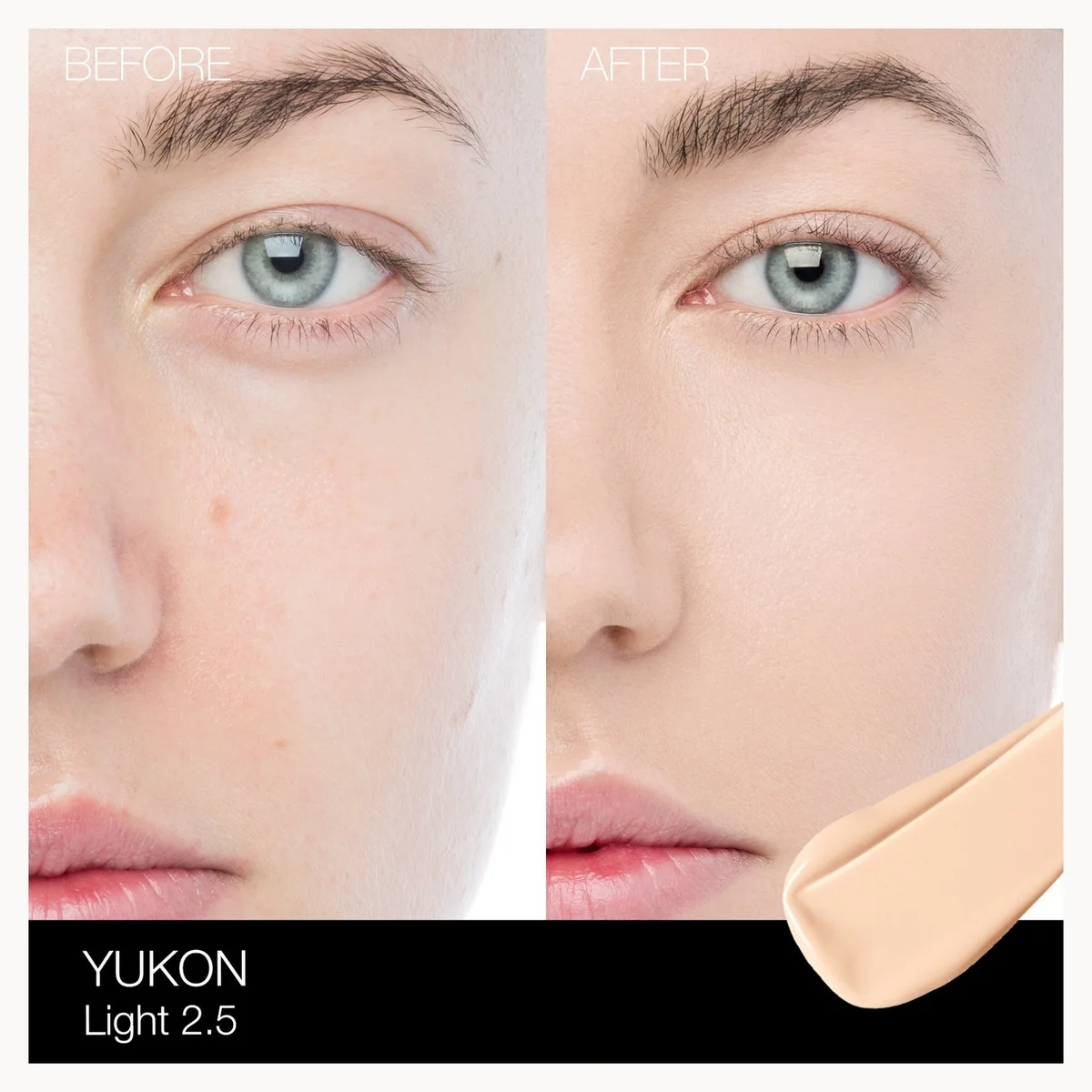 Before-and-after comparison of a model's eye area showing makeup coverage, with a beige makeup swatch and the text 'YUKON Light 2.5' on a black bar at the bottom.