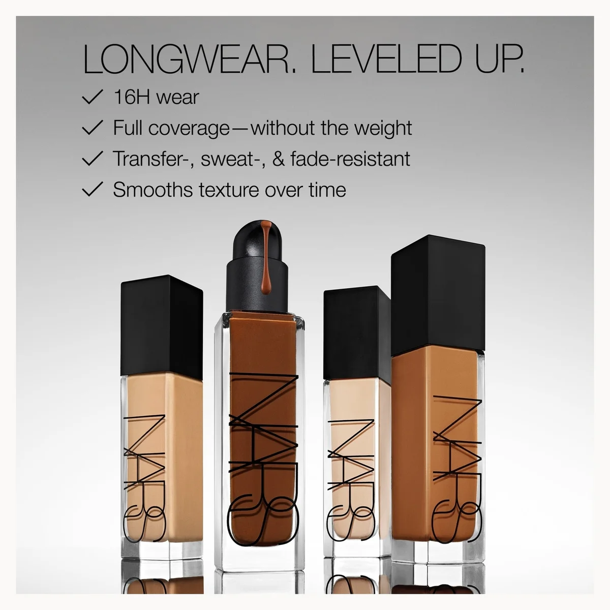 Four NARS liquid foundation bottles in different shades of beige and brown, displayed against a gray background with promotional text reading 'LONGWEAR. LEVELED UP.