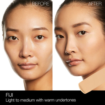 Before and after comparison of a woman's face with text indicating Fiji makeup shade.