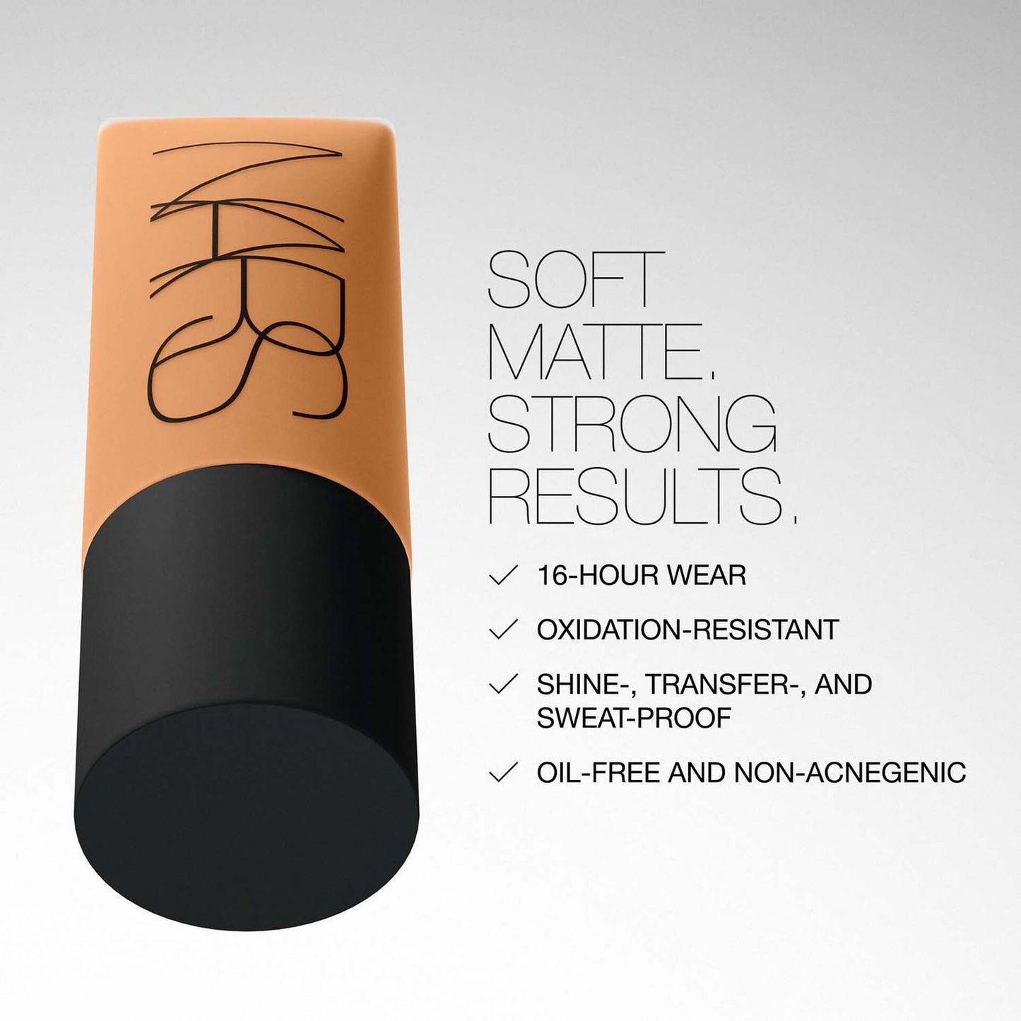 Cosmetic stick with branding on a gray background, featuring text about product features.