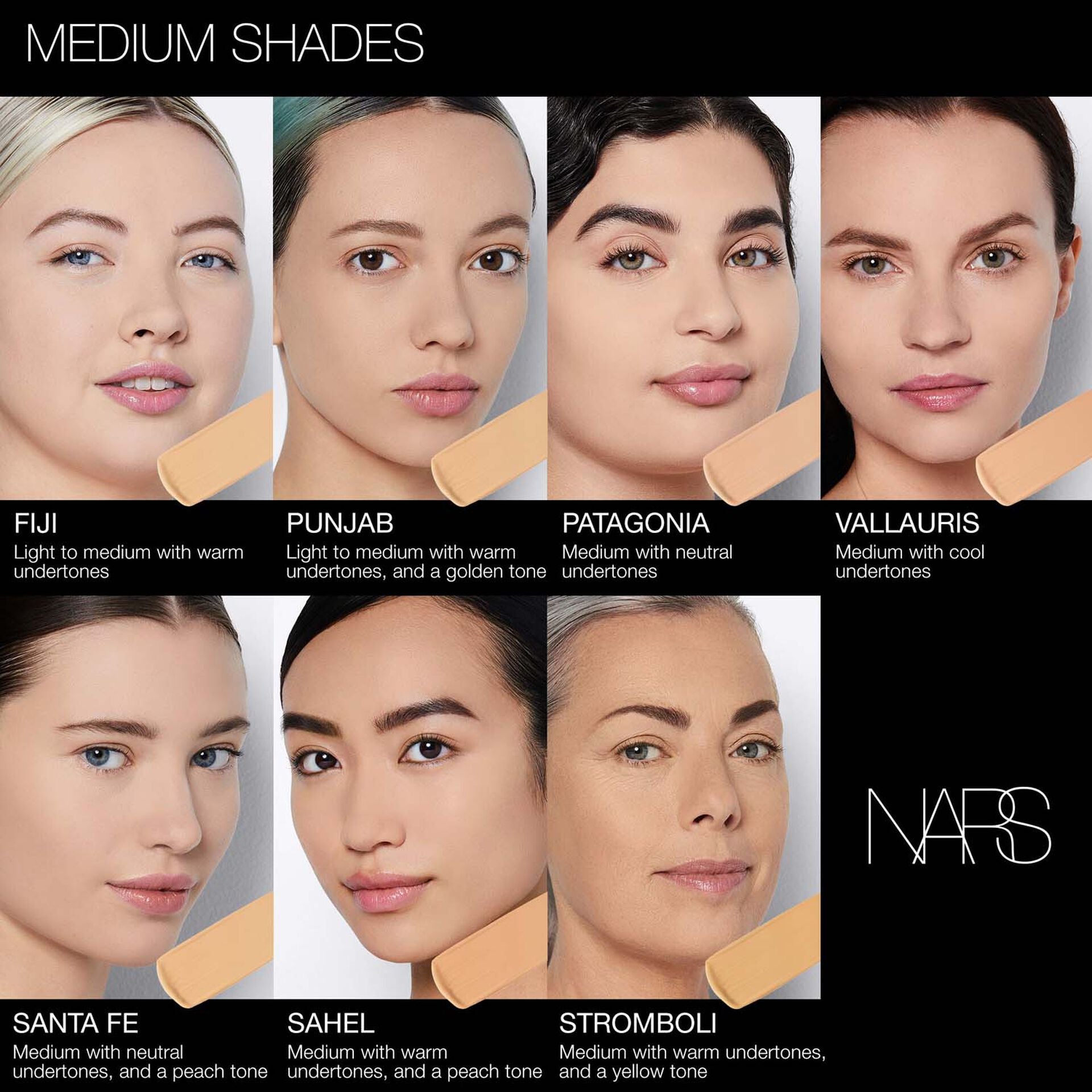 NARS Medium Shades foundation shade chart showing eight female model faces with beige swatches and shade names including Fuji, Punjab, Patagonia, Vallauris, Santa Fe, Saheel, and Stromboli on a black background.