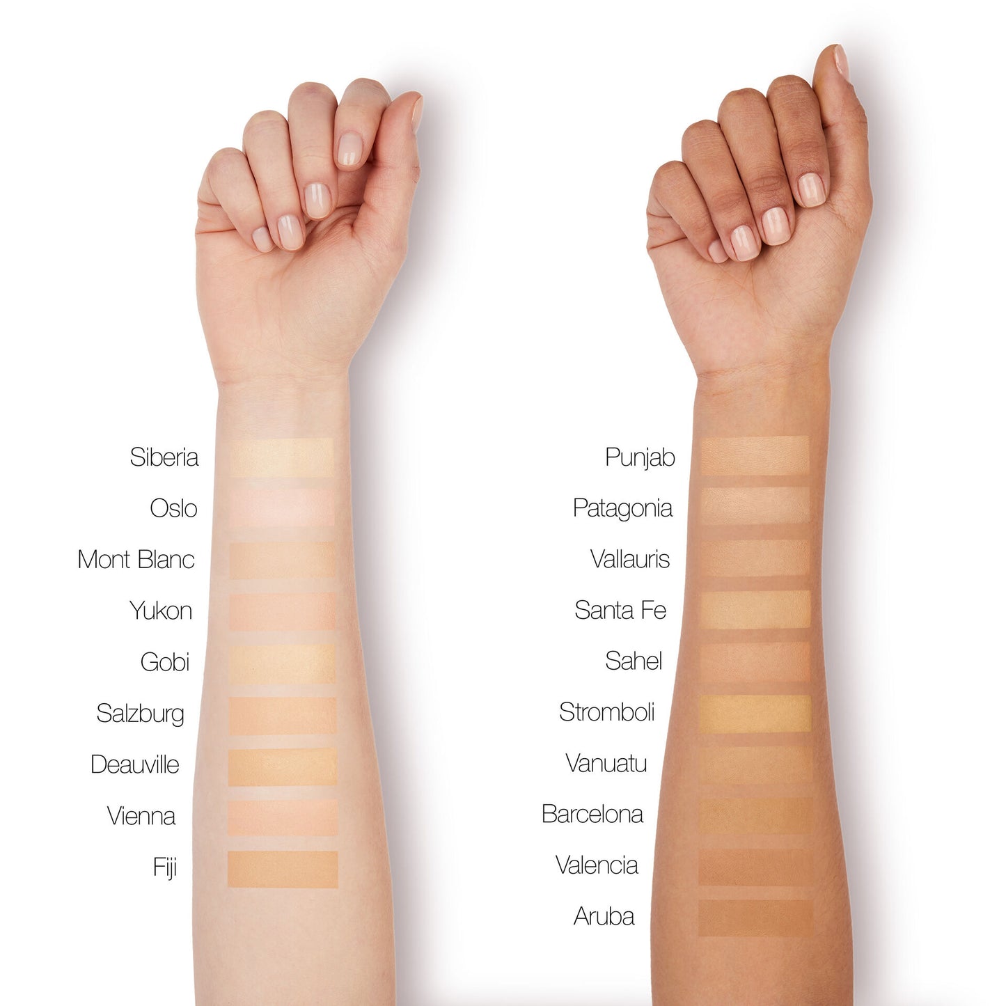 Two hands with swatches of different skin tones on a white background