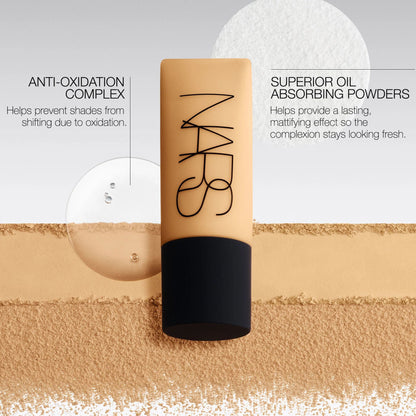 NARS foundation tube with text about anti-oxidation complex and oil-absorbing powders on a beige background.
