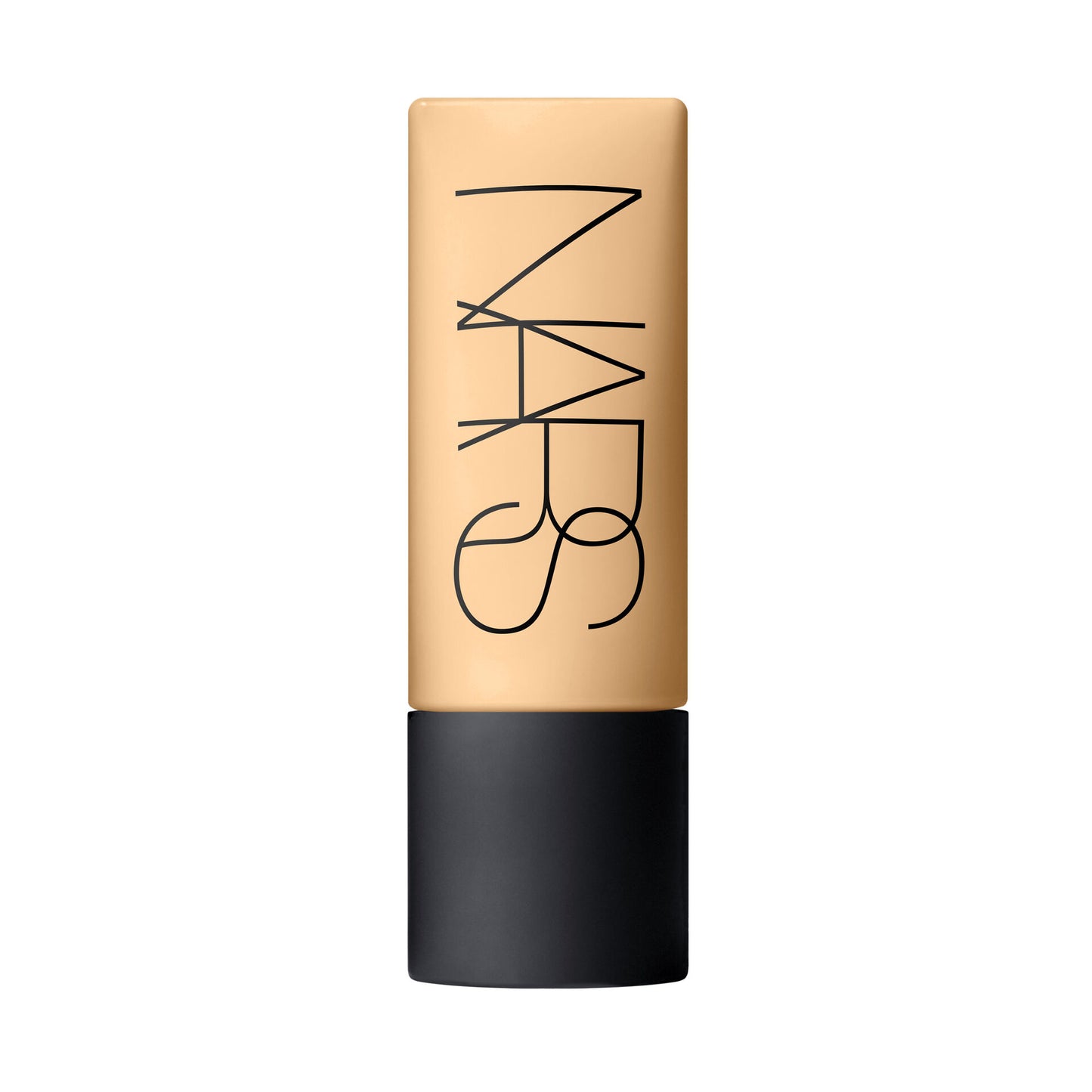 NARS liquid foundation in a rectangular squeeze tube with a warm beige shade and a black cap, featuring the NARS logo in black on the front, set against a solid white background.