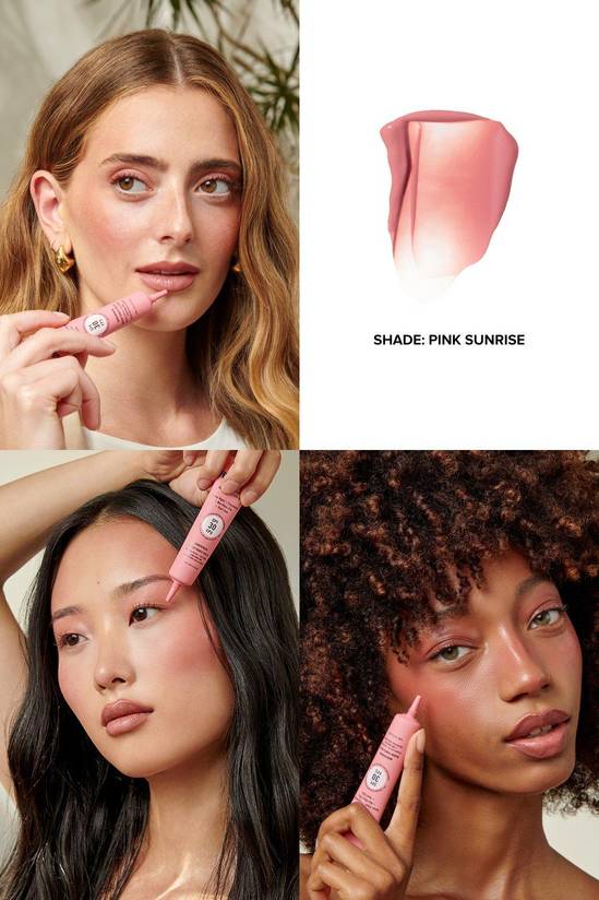 Collage of a woman applying a pink lip product with close-ups of the product and different skin tones.