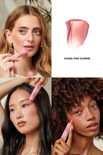 Collage of a woman applying a pink lip product with close-ups of the product and different skin tones.