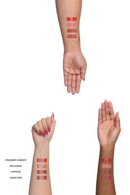 Lipstick / blush swatches on a person's arm with colour names below.