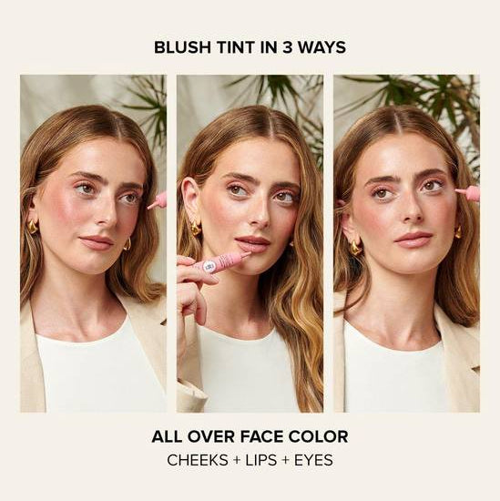 Three images of a woman applying NUDESTIX Nudescreen blush to her cheeks, lips, and eyes with text indicating 'Blush Tint in 3 Ways' and 'All Over Face Color'.