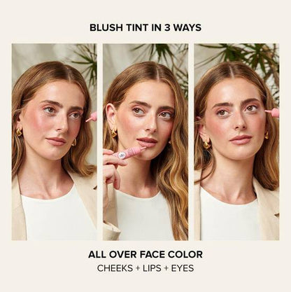 Three images of a woman applying NUDESTIX Nudescreen blush to her cheeks, lips, and eyes with text indicating 'Blush Tint in 3 Ways' and 'All Over Face Color'.