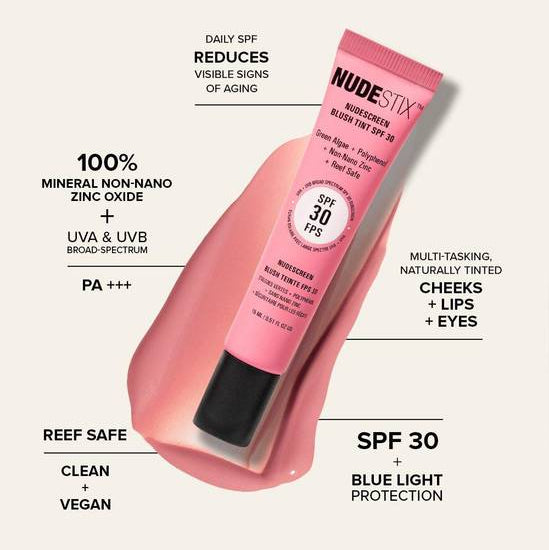 Pink tube ofNUDESTIX sunscreen with product details on a white background