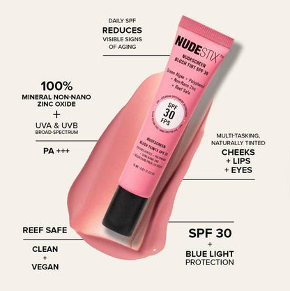 Pink tube ofNUDESTIX sunscreen with product details on a white background