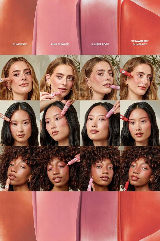 Collage of women with lipsticks applied to their lips, showcasing different shades.