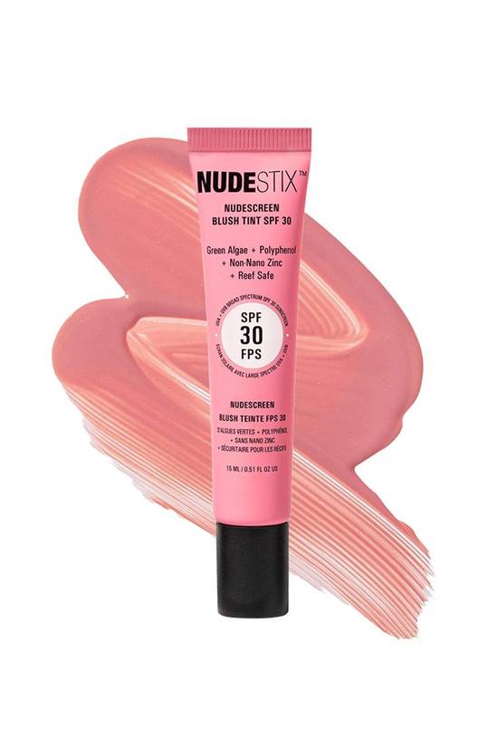 Nudestix blush tint SPF 30 with pink packaging and black cap on a white background