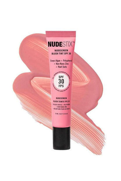 Nudestix blush tint SPF 30 with pink packaging and black cap on a white background