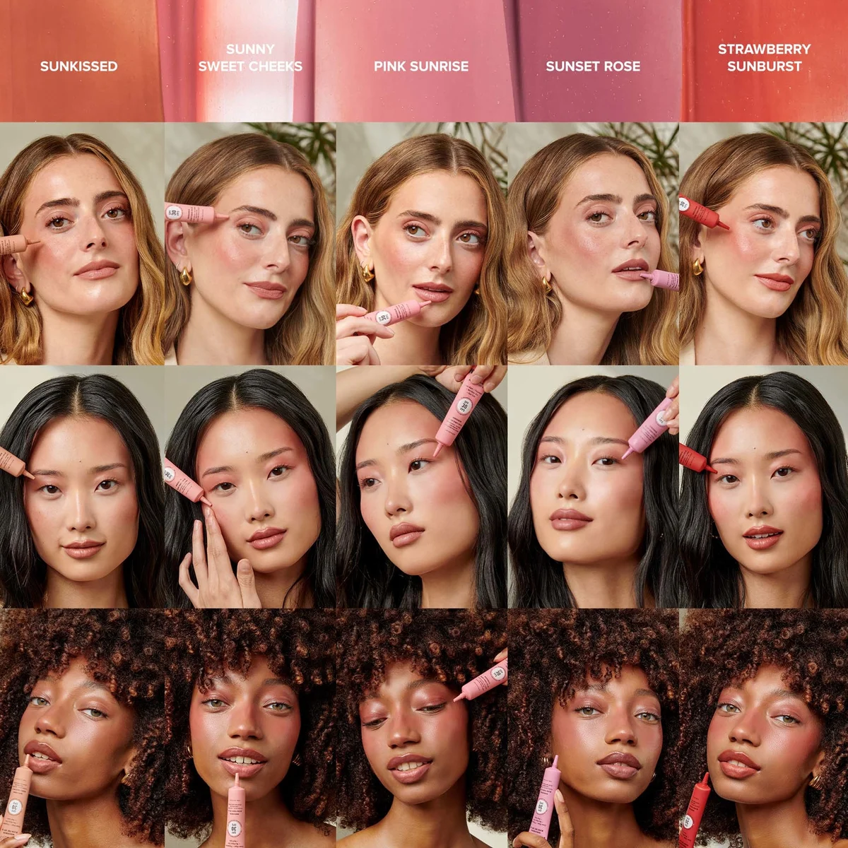 Collage of models with different skin tones using a makeup product, with color swatches above.