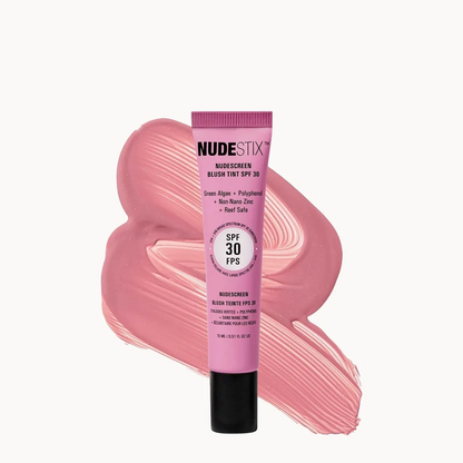 NUDESTIX Radiant Blush Tint SPF 30 tube in a pink shade, displayed in front of a matching pink cream swatch on a clean white background.