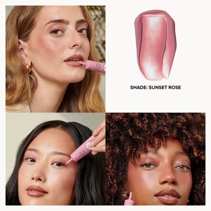 A four-panel collage showing a pink lip product being applied to three models, alongside a glossy pink swatch labeled 'SHADE: SUNSET ROSE' on a light gray background.