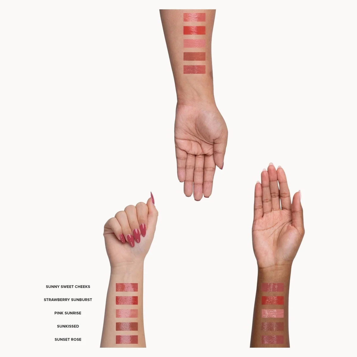 Three human arms and hands displaying vertical swatches of lipstick or lip color on a plain light background, with small text labels at lower left reading Sunny Sweet Cherry, Strawberry Sunburst, Pink Sunrise, Sunkissed, and Sunset Rose.