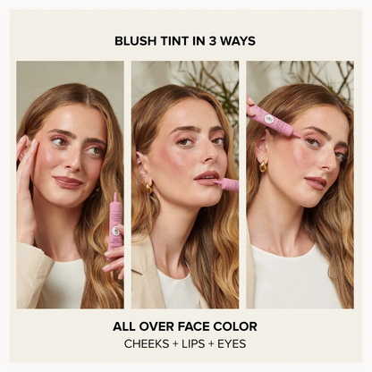 A promotional collage showing a woman demonstrating a pink blush tint applicator in three panels, with text reading 'BLUSH TINT IN 3 WAYS' and 'ALL OVER FACE COLOR' plus 'CHEEKS + LIPS + EYES'.