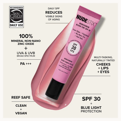 NudeStix SPF 30 Blush Tint tube in a pink translucent holder, surrounded by product claims and a Skin Science Recommended badge on a light beige background.