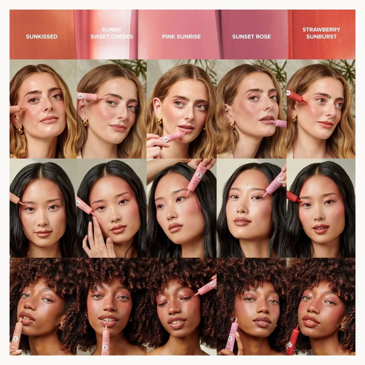 A collage of multiple model faces showing different shades of a pink lip product applied, with shade names across the top including Sunkissed, Sweet Classic, Pink Sunrise, Sunset Rose, and Strawberry Sunrise.