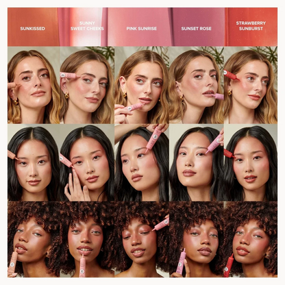 A collage of multiple model faces showing different shades of a pink lip product applied, with shade names across the top including Sunkissed, Sweet Classic, Pink Sunrise, Sunset Rose, and Strawberry Sunrise.