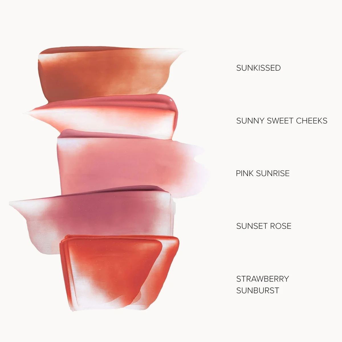 Five shades of pink and coral lip gloss swatches stacked vertically on a white background, labeled from top to bottom as Sunkisped, Sunny Sweet Cheeks, Pink Sunrise, Sunset Rose, and Strawberry Sunburst.