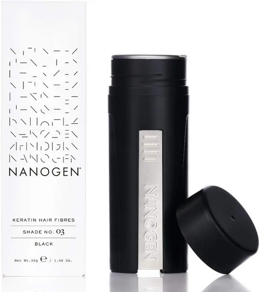 Black hair fiber canister with NANogen branding on a white background